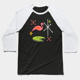 Mid-Century Modern Pink Flamingo with Retro Icons Repeating Pattern Baseball T-Shirt